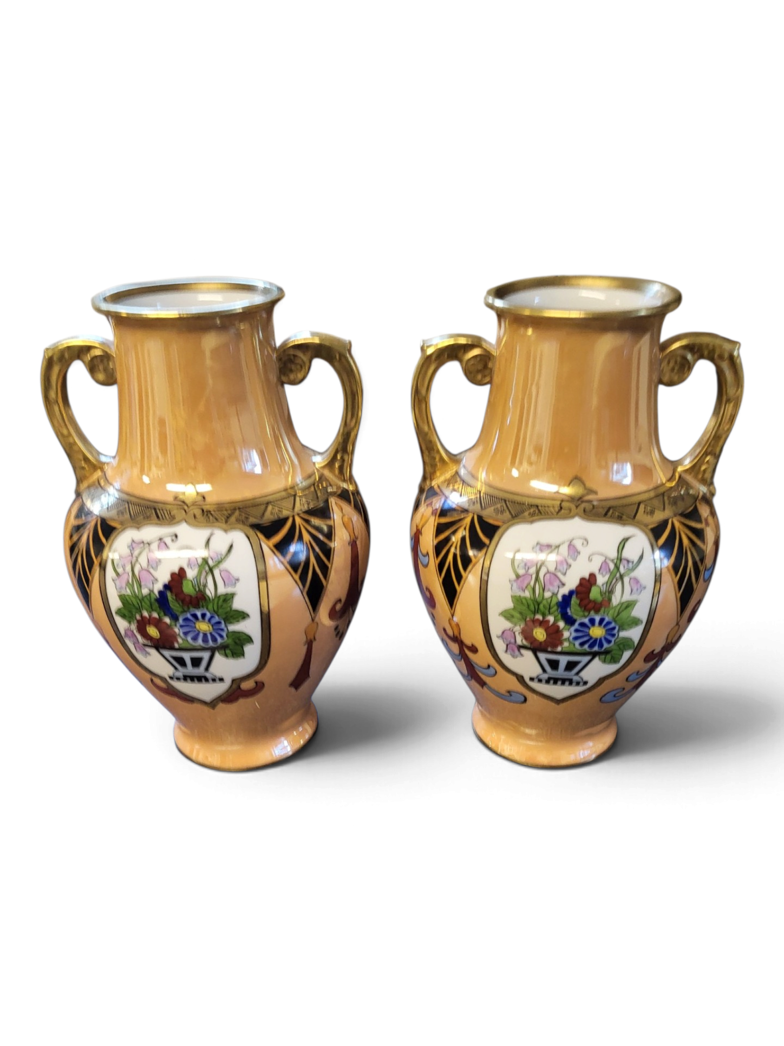 Vintage Noritake Morimura M Wreath Hand Painted Double Handle Vases Pair Japan