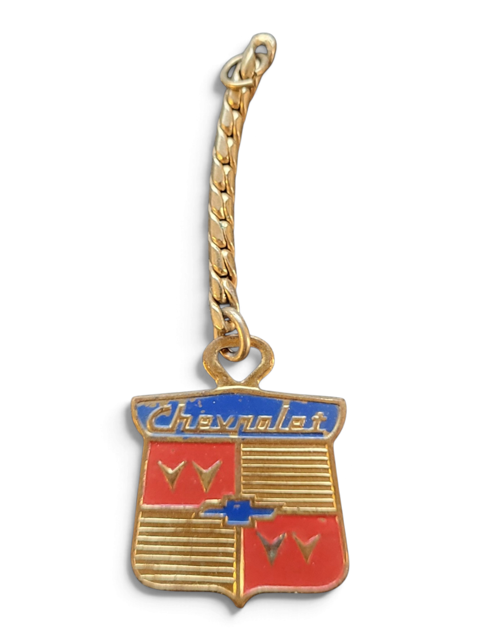 Vintage Chevrolet Crest Enamel Keychain - Gold Tone Chevy Bowtie