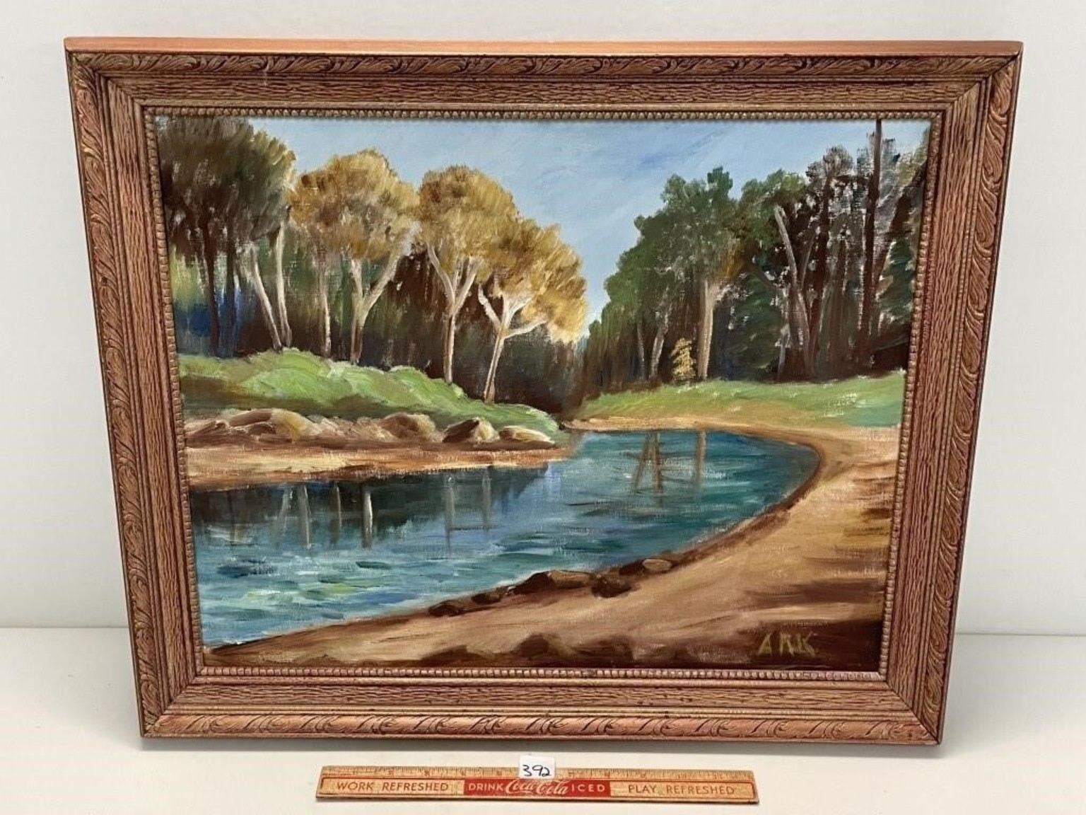 Framed Original River Landscape Painting - Signed AMK