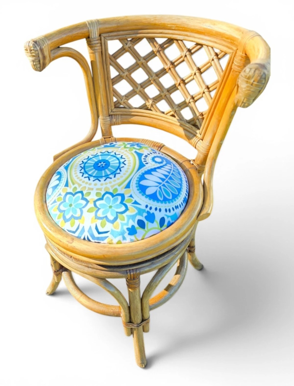 Vintage Rattan Barrel Chair with Floral Cushion