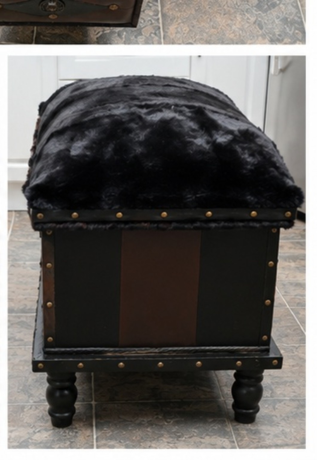 Handmade Real Leather & Mink Fur Storage Bench / Ottoman