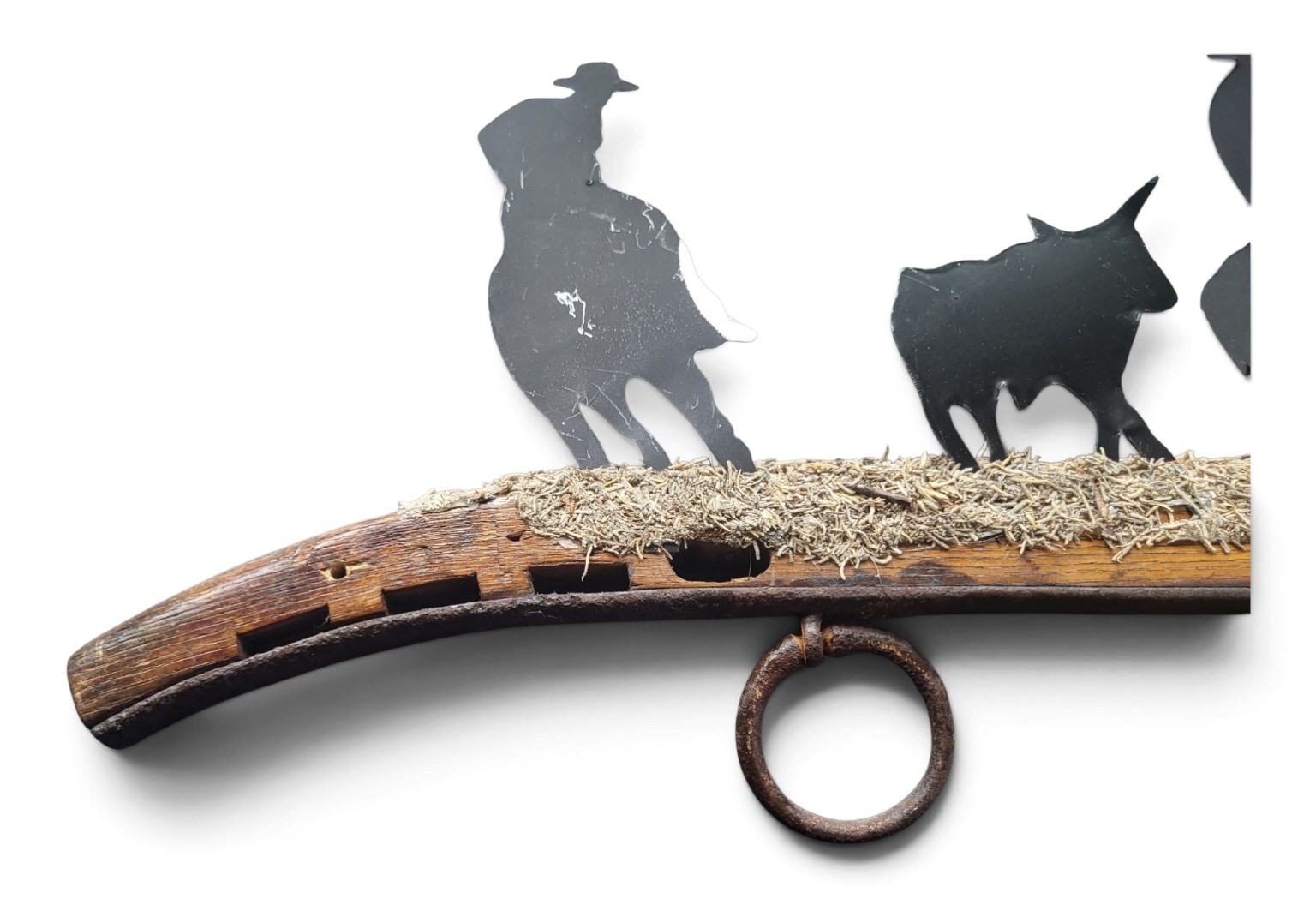 Rustic Western Horse Harness Hame Wall Decor with Cowboy & Cattle